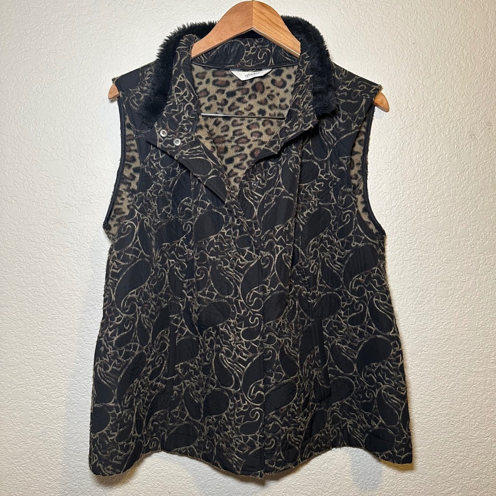 Cj Banks Womens XL Vest Faux Fur Collar Leopard Fleece Lined Button Paisley‎ Y2K